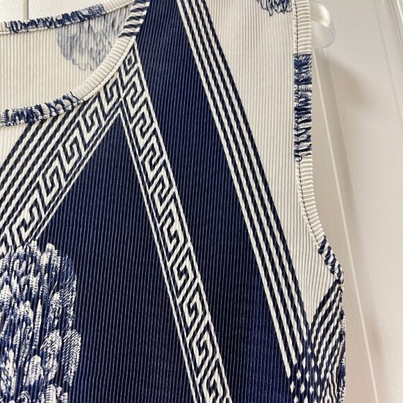 Vintage Ruched Crinkle Sleeveless Print Top Navy White - M - Picture 6 of 10